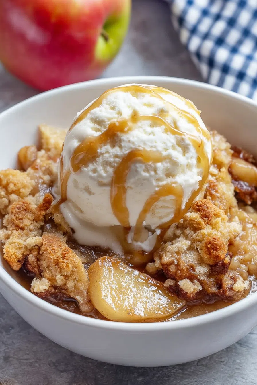 Golden-brown baked dessert with a flaky topping and warm filling beneath.