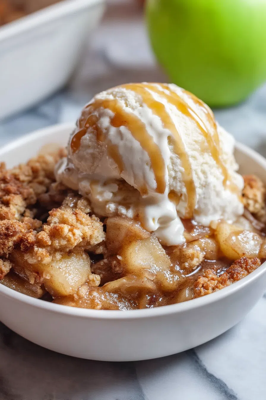 Golden-brown baked topping with fruit filling bubbling around the edges.