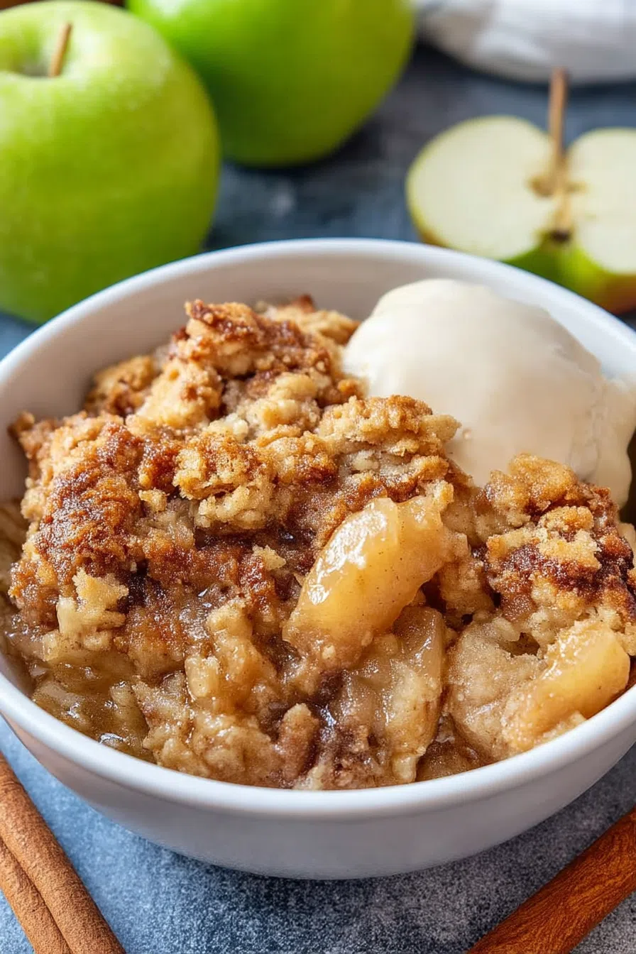 Overhead shot of a baking dish filled with a rustic, fruity dessert.