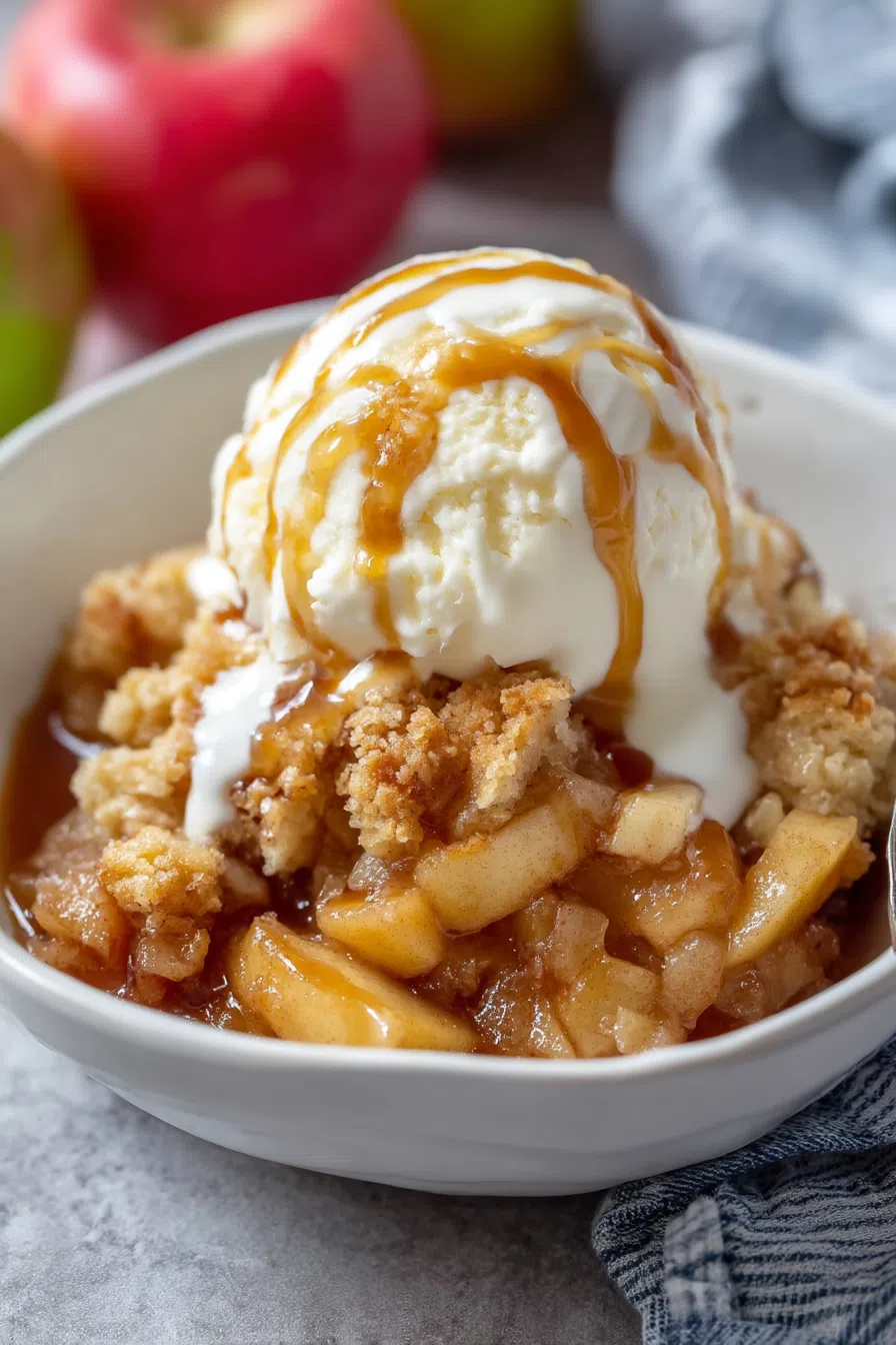 Warm dessert served in a white bowl with a scoop of vanilla ice cream.