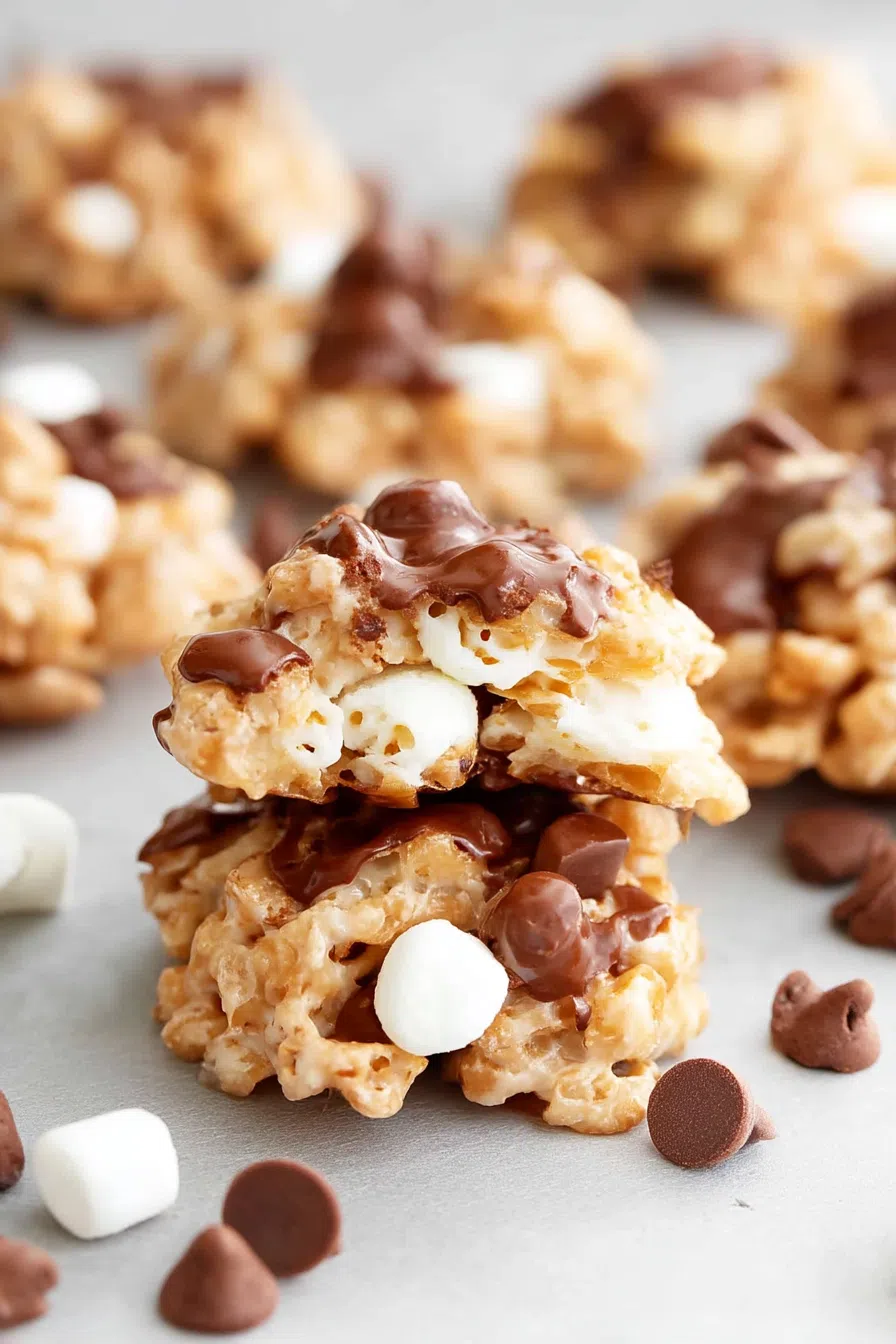 Close-up of no-bake cookie clusters with visible cereal and white chocolate.