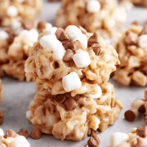 Close-up of a stack of light-colored cookies with a textured, crunchy appearance.