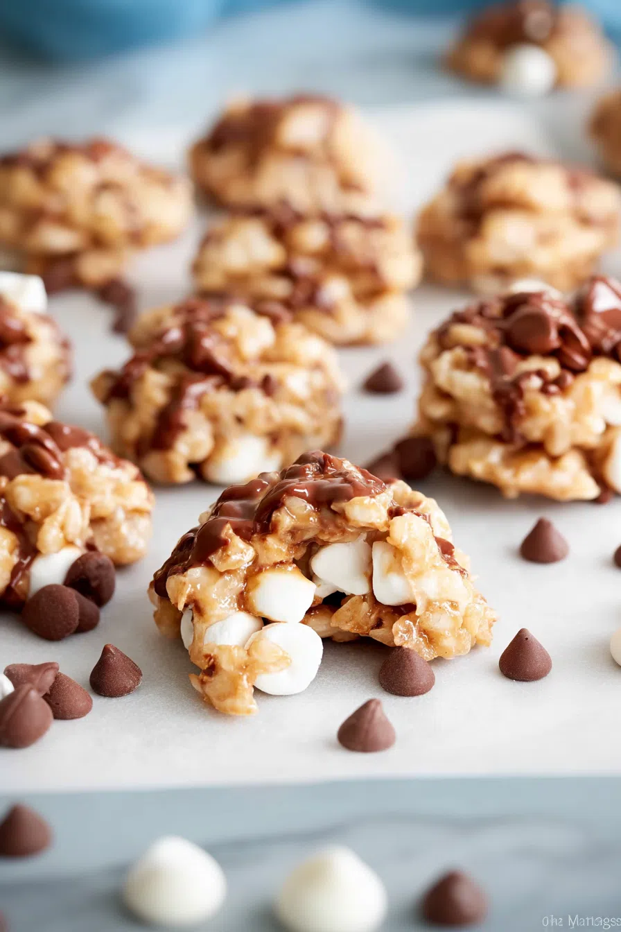 No-bake treats piled on a parchment-lined tray with visible cereal and chocolate chunks.