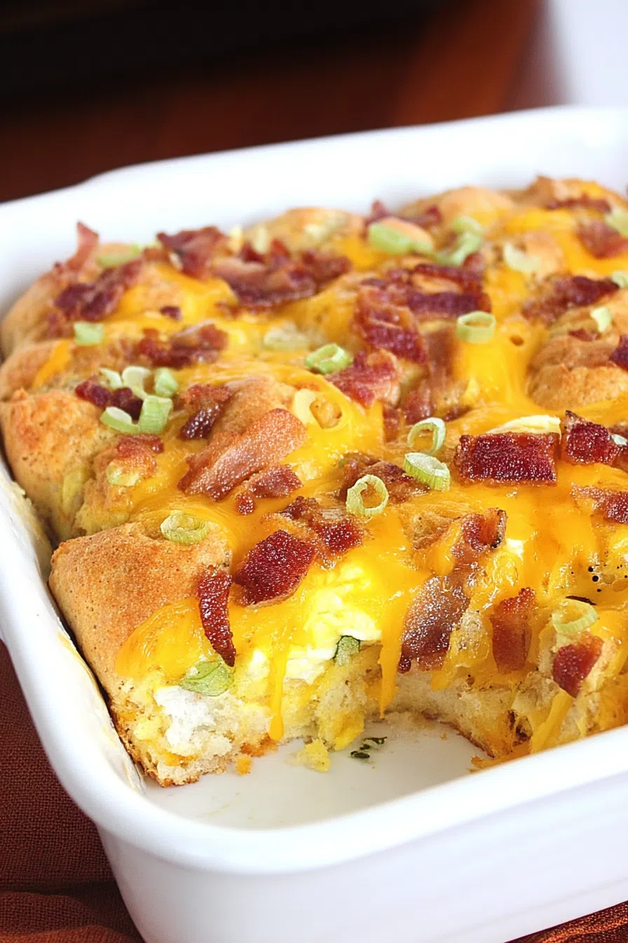 Golden, bubbly breakfast bake fresh from the oven in a white baking dish.