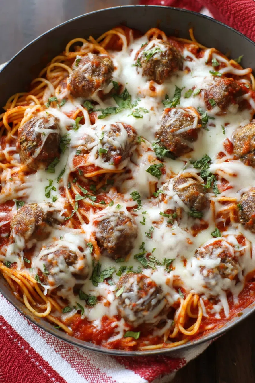 Plated portion of baked pasta with visible tomato sauce and meatballs.