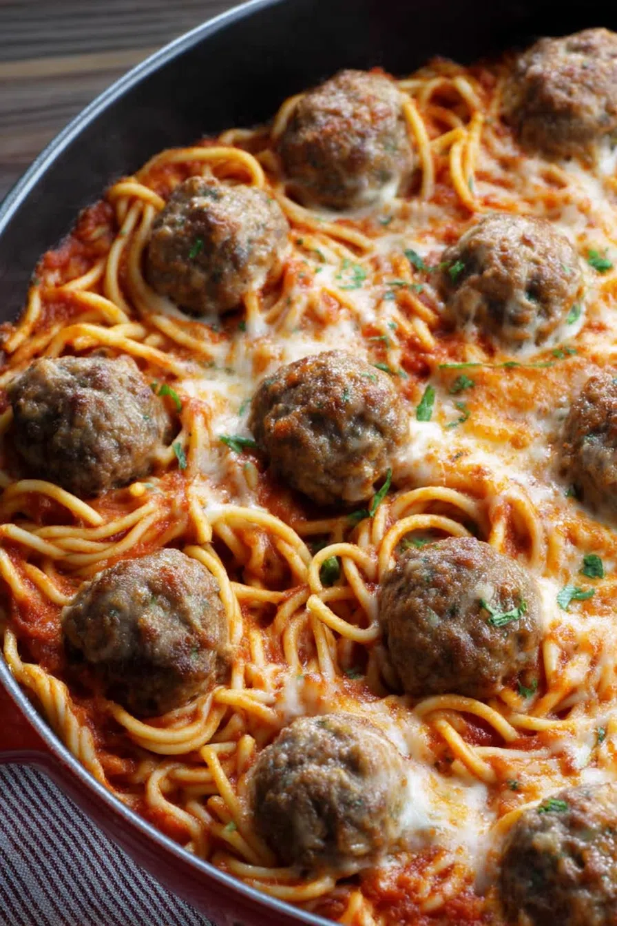 Close-up of saucy noodles and browned meatballs in a casserole dish.