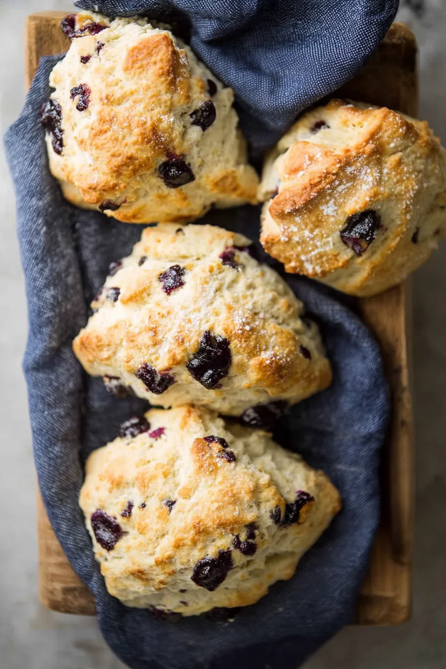 Stack of baked treats with visible chunks of fruit, served on a rustic table.