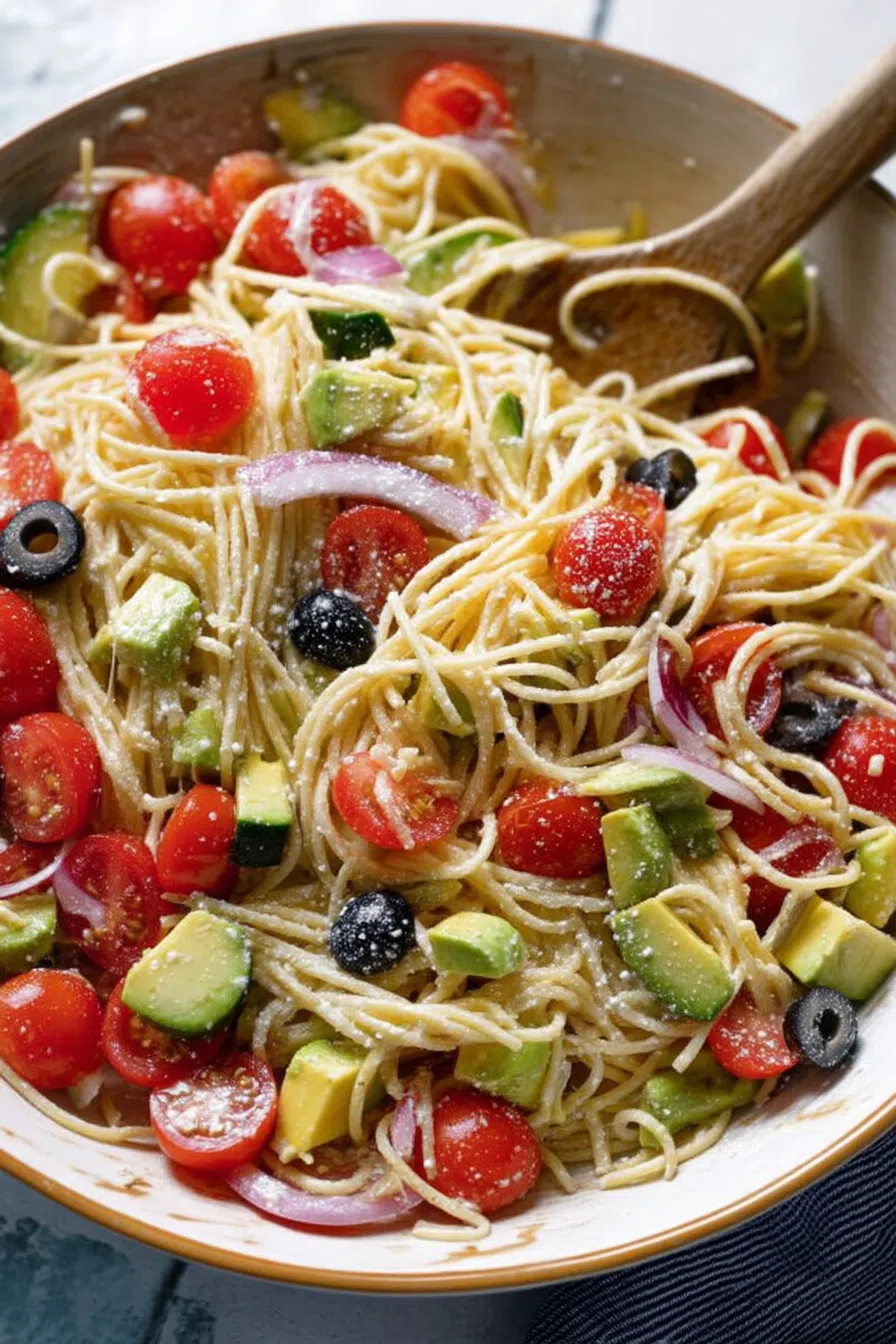 Close-up of a forkful of noodles with cherry tomatoes and cucumber slices.