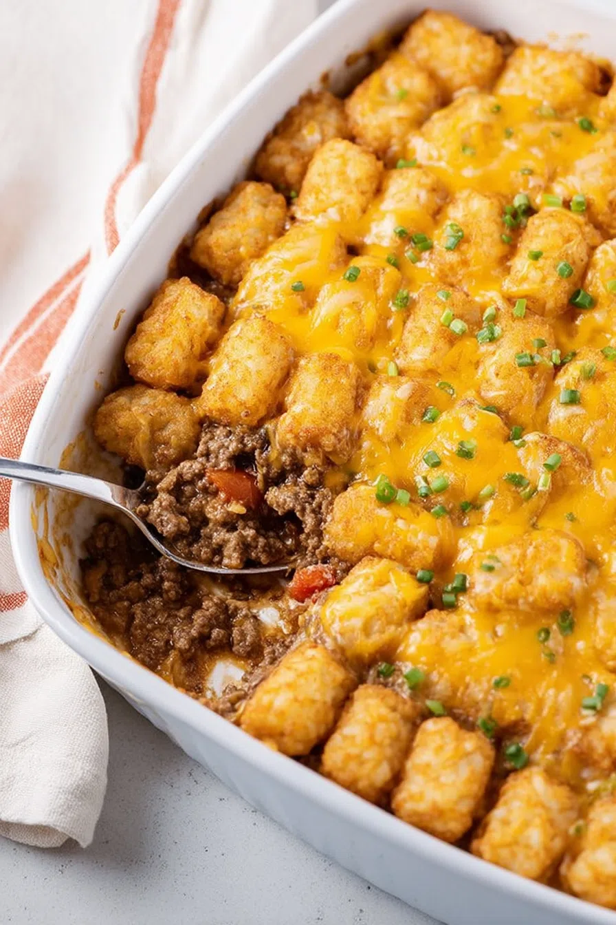 Close-up of crispy tots nestled into a rich, hearty base.