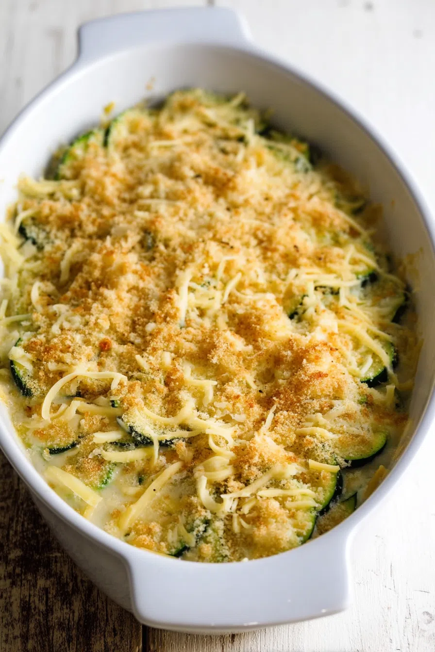 Baked vegetable dish with a golden, bubbly cheese topping.