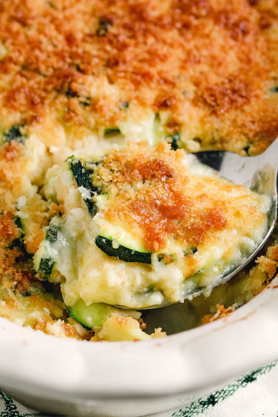 Close-up of sliced zucchini layered in a creamy, cheesy mixture.