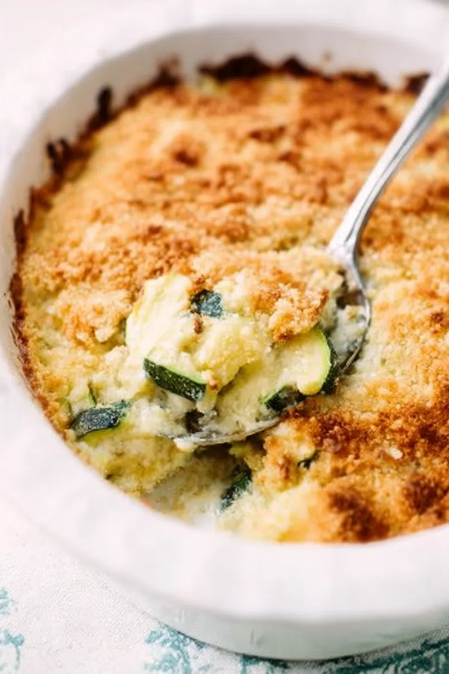Serving spoon lifting a portion from a rustic white casserole dish.