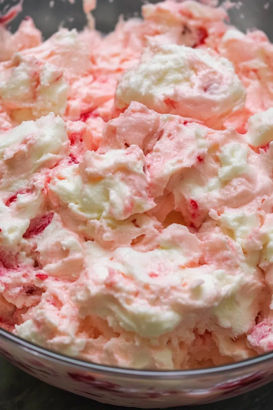 Close-up of airy, fruit-studded fluff with swirls of red and white.