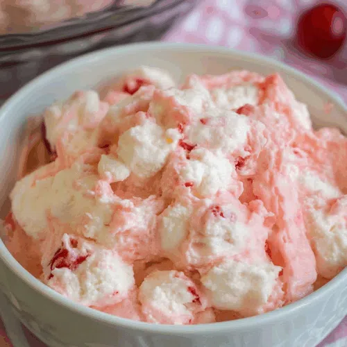 Dessert table featuring the cherry fluff alongside fresh cherries.