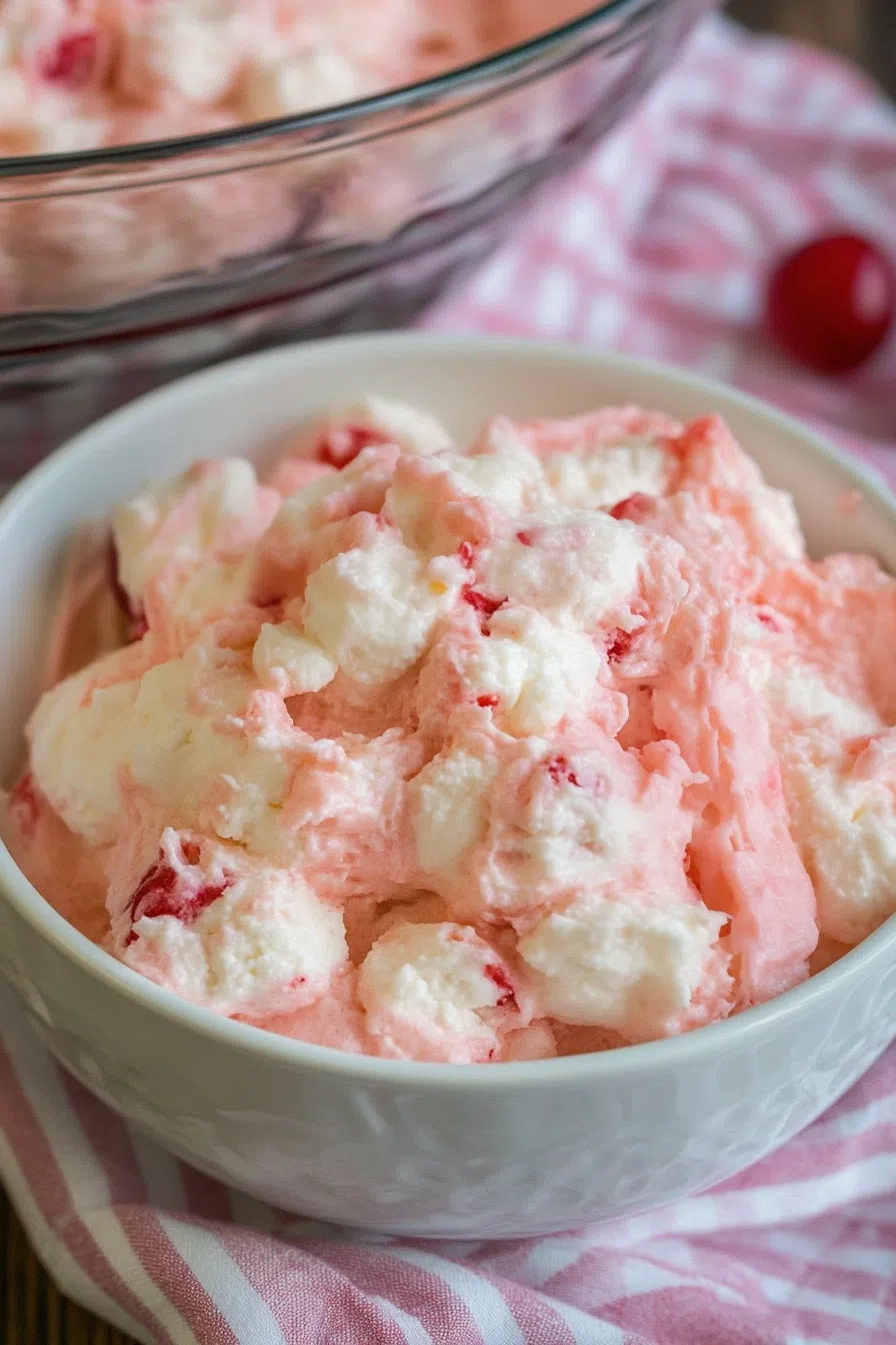 Dessert table featuring the cherry fluff alongside fresh cherries.