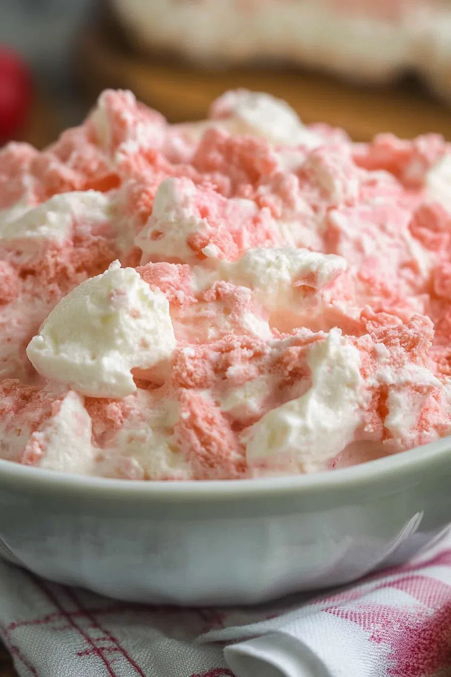 Side angle of a creamy pink mixture served in a clear trifle dish.