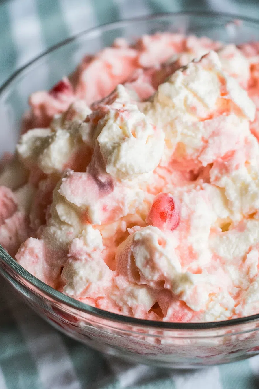Fluffy dessert topped with cherry pie filling in a glass bowl.