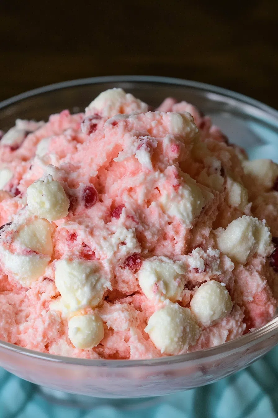 Light and airy dessert in a clear dish with soft peaks and fruit bits.