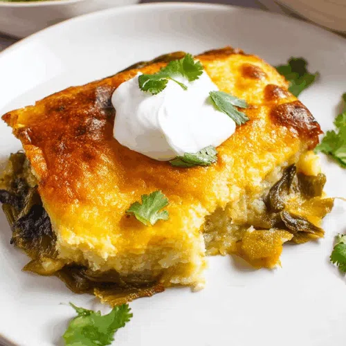Portion of a savory casserole served on a white plate with garnish.