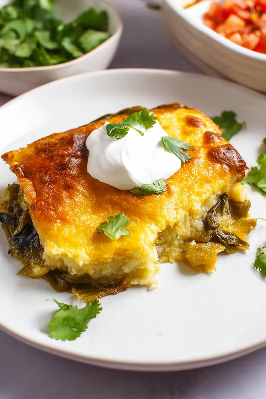 Portion of a savory casserole served on a white plate with garnish.