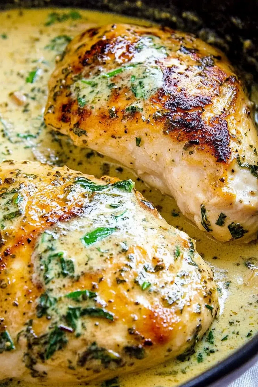 Close-up of tender chicken pieces with creamy, savory gravy.