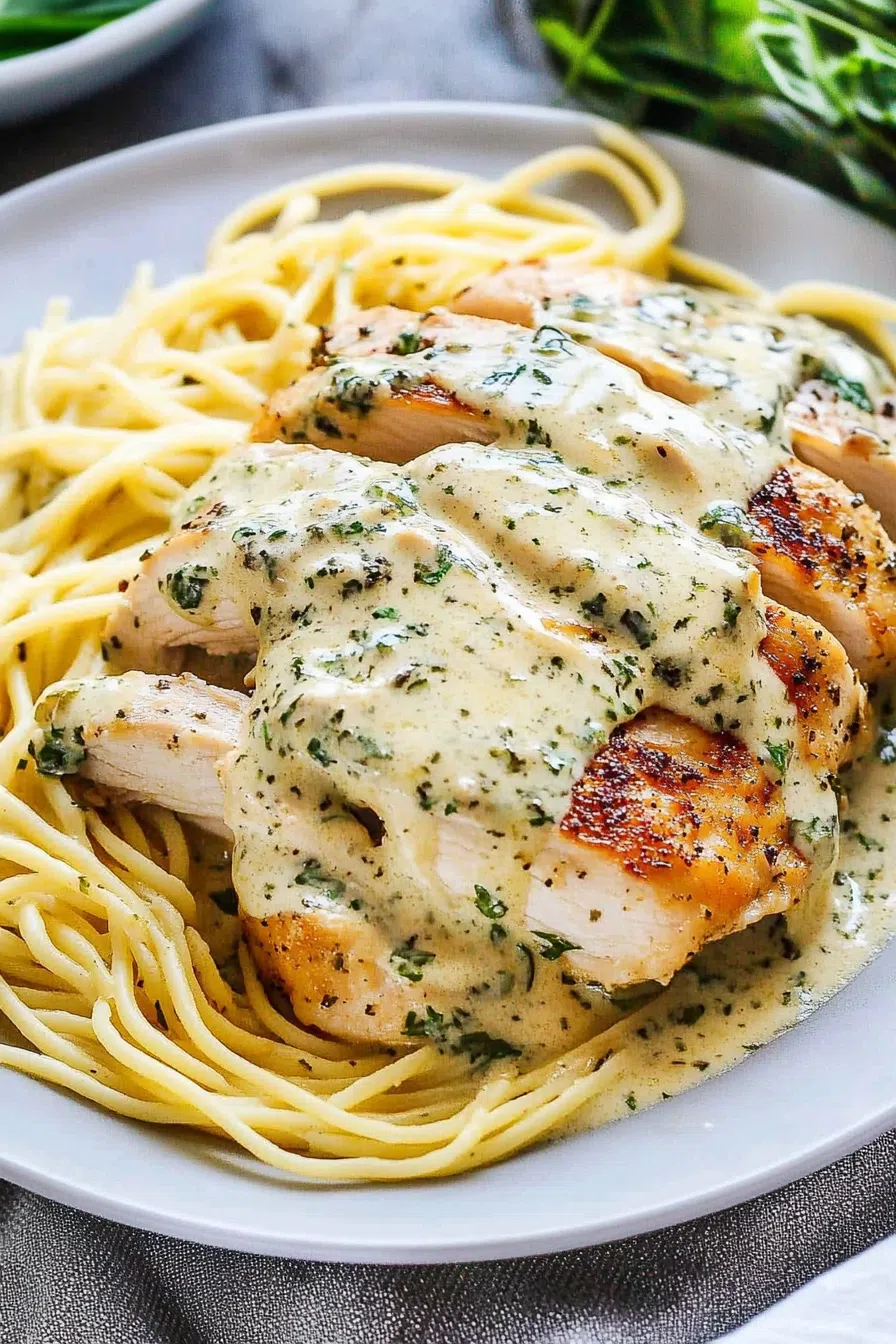 Golden seared chicken breasts smothered in a rich herb sauce.
