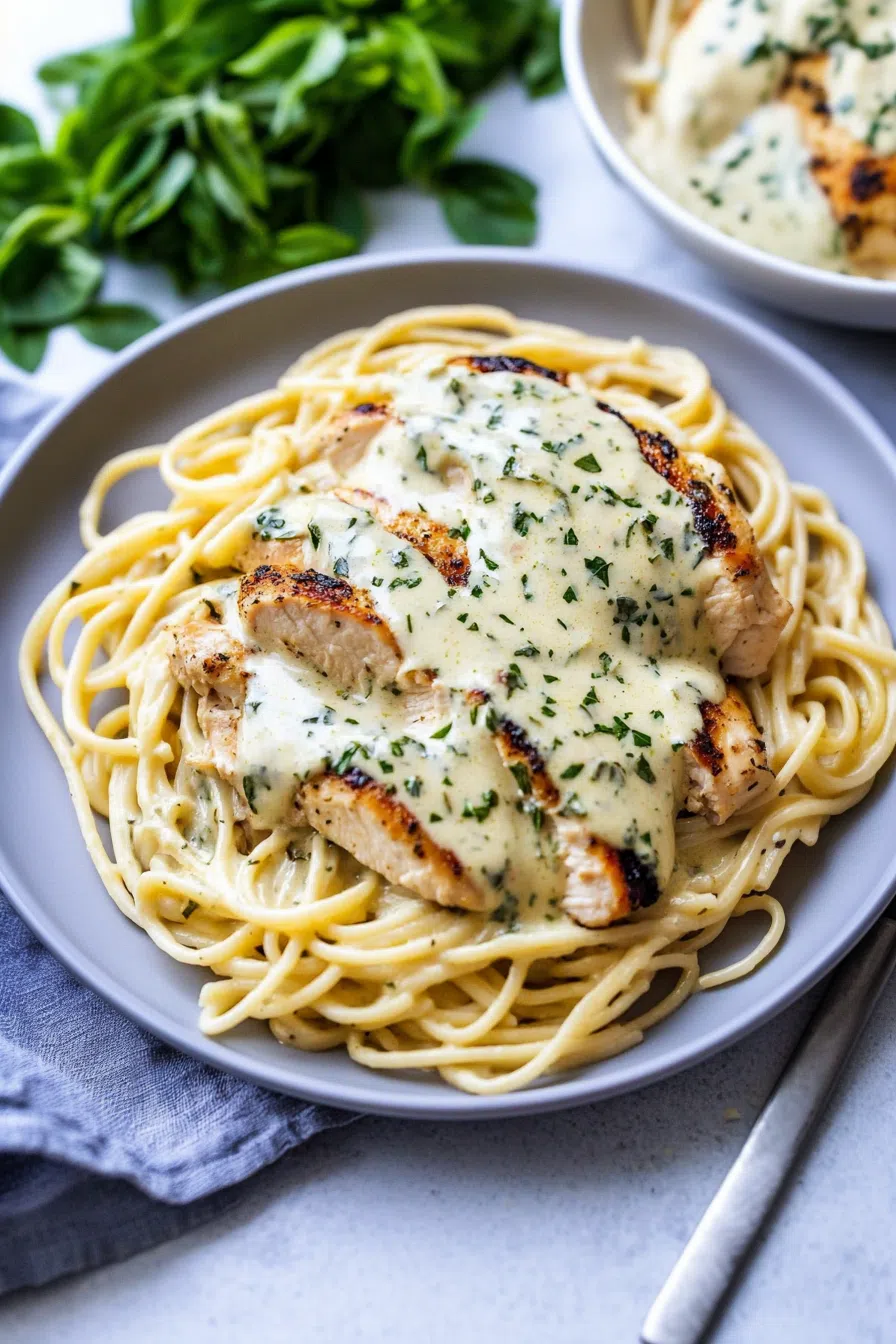Comforting dinner plate featuring creamy sauce and fresh herbs.
