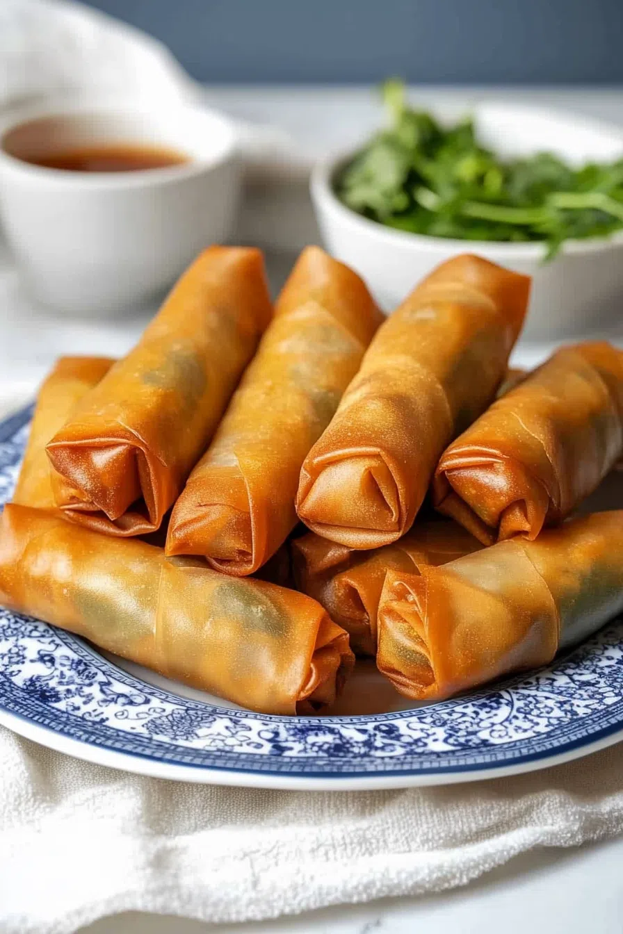 Close-up showing the flaky layers and colorful filling of the spring rolls.