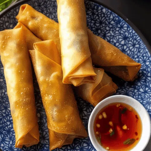 A platter of golden, crunchy spring rolls served with dipping sauce.