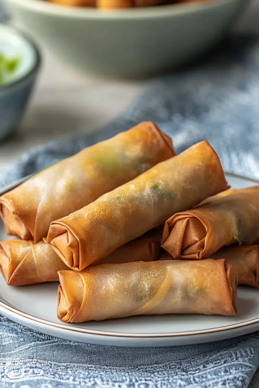 Golden, crispy spring rolls stacked on a white serving plate.
