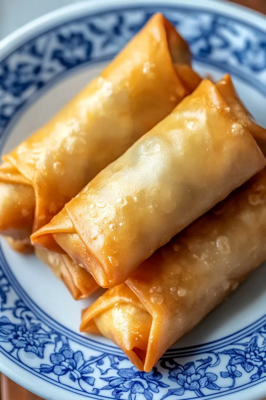 Close-up of crispy rolls stacked neatly on a rustic plate.