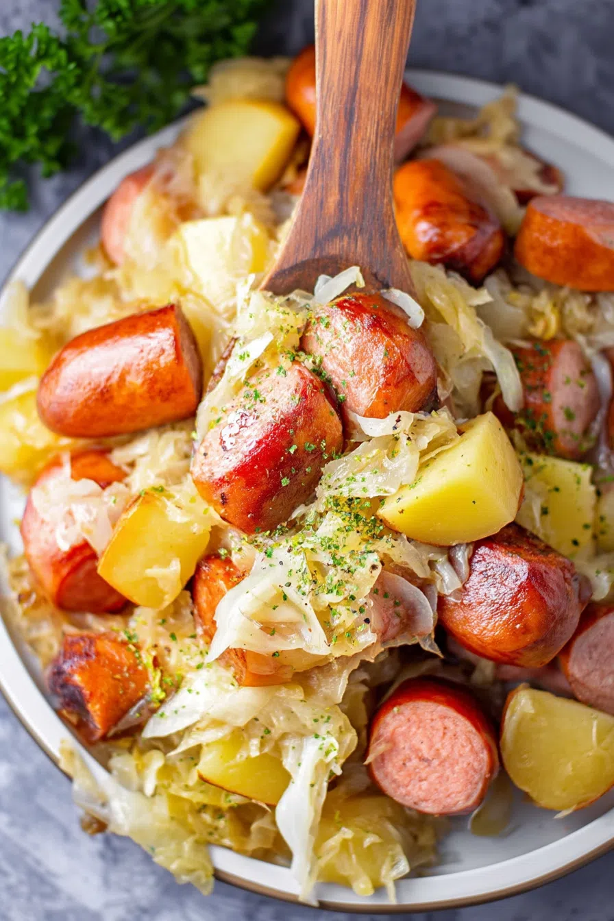 Close-up of forkful with tender meat, tangy cabbage, and soft potatoes.