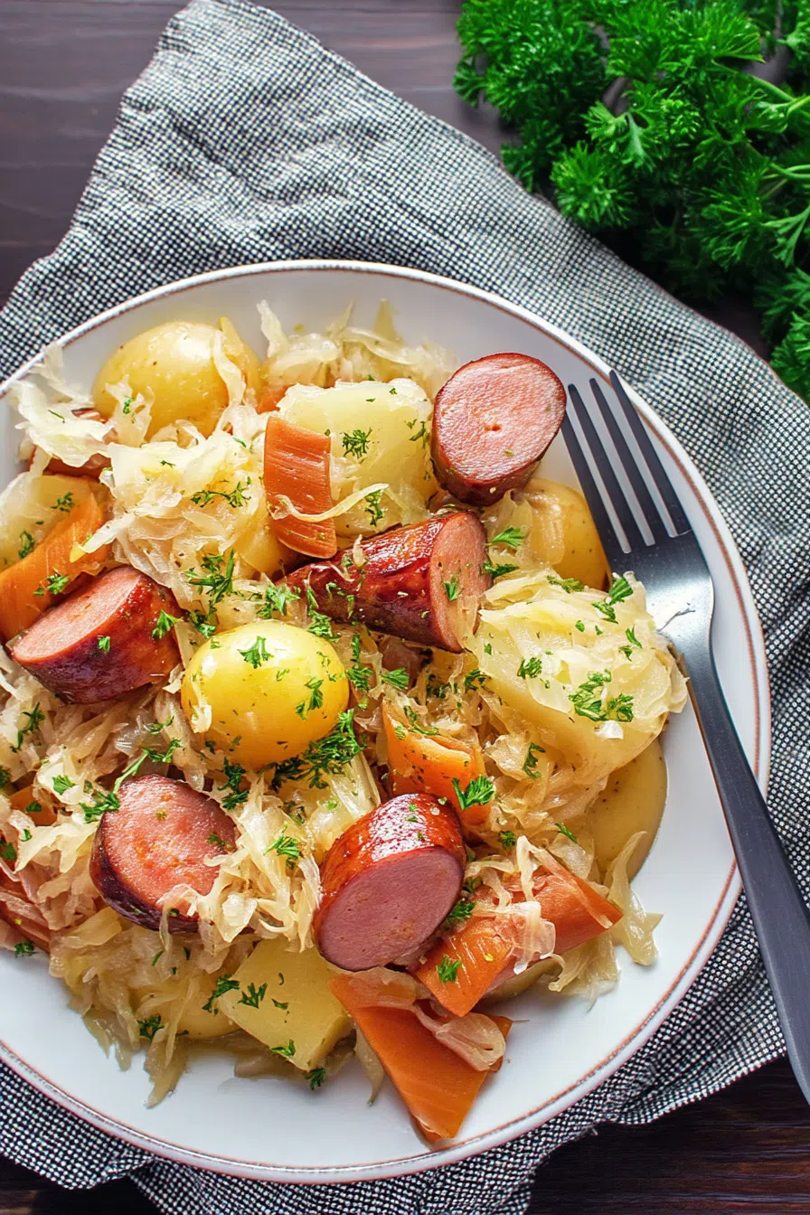 Hearty dish served in a rustic bowl with browned sausage slices and golden potatoes.