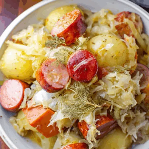 Overhead view of a comforting slow-cooked meal on a neutral-toned table.