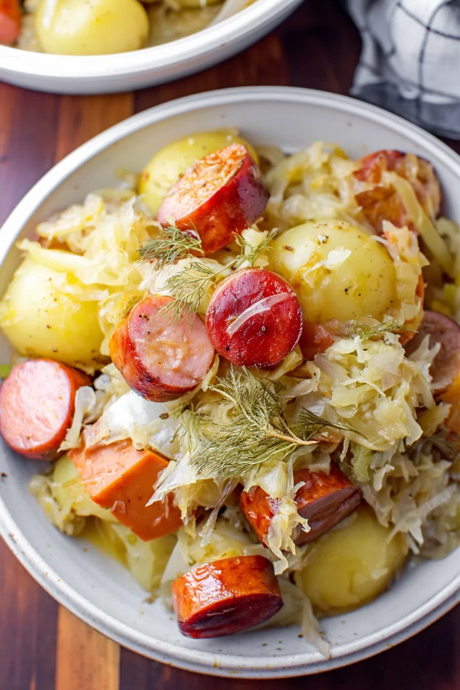 Overhead view of a comforting slow-cooked meal on a neutral-toned table.