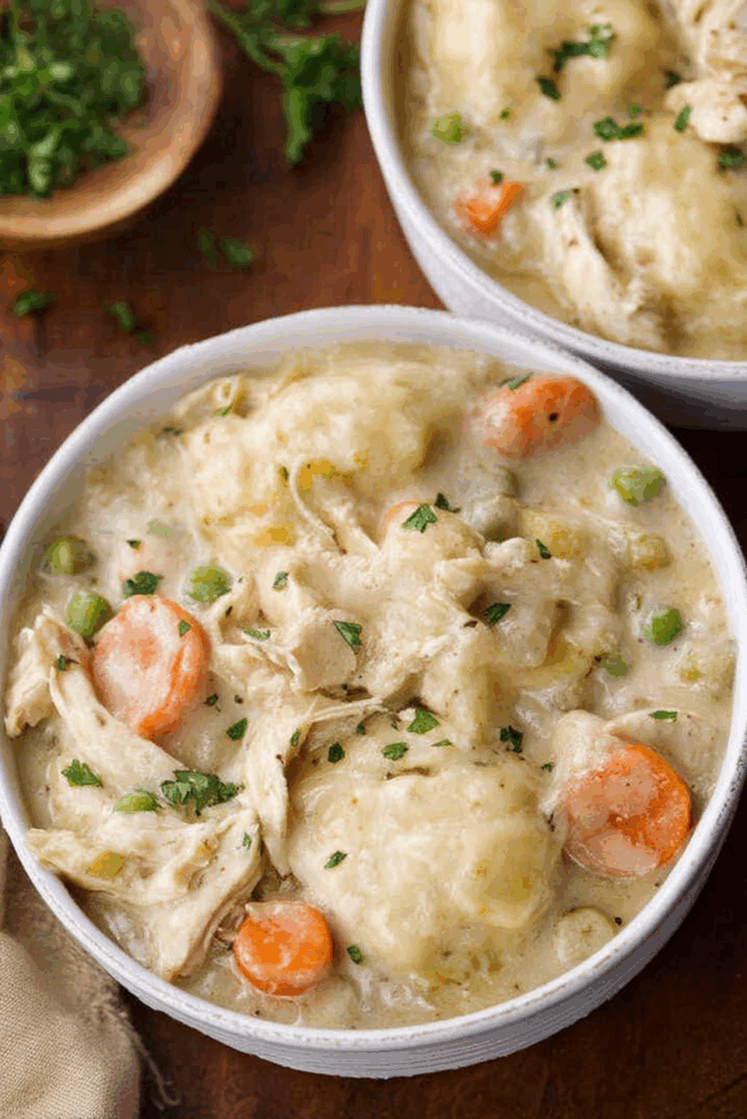 Overhead view of a hearty stew served in a white bowl, garnished with fresh thyme.