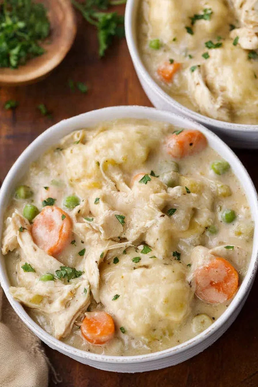 Overhead view of a hearty stew served in a white bowl, garnished with fresh thyme.