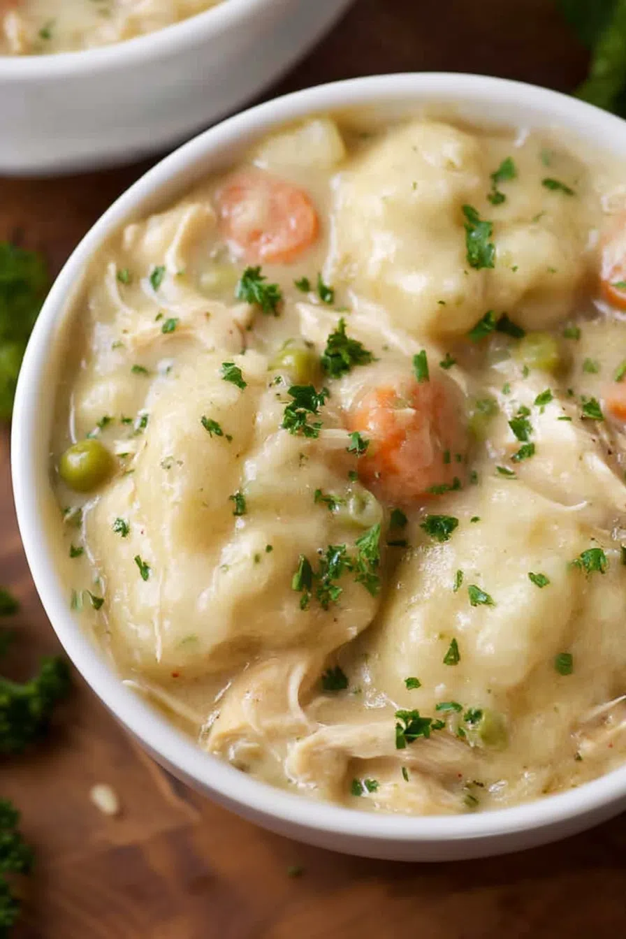 Creamy comfort food served in a shallow white bowl with a sprinkle of herbs on top.