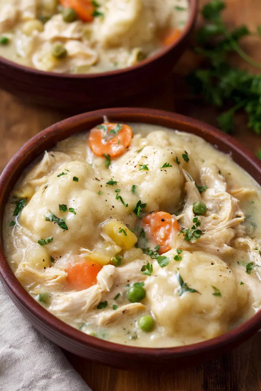 Rustic serving of stew with soft biscuits nestled into the sauce.