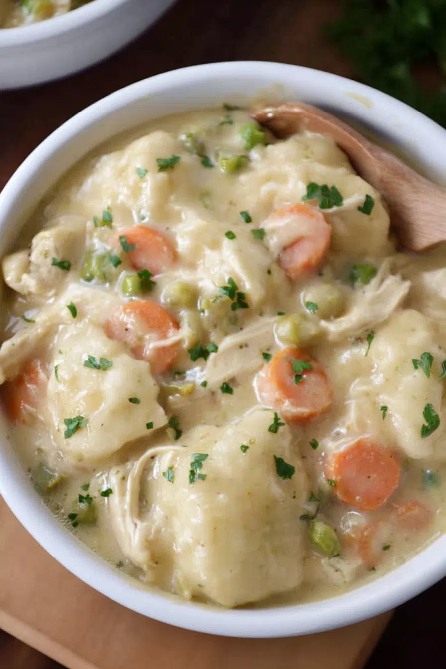Close-up showing the tender texture of dumplings against a rich, golden gravy.