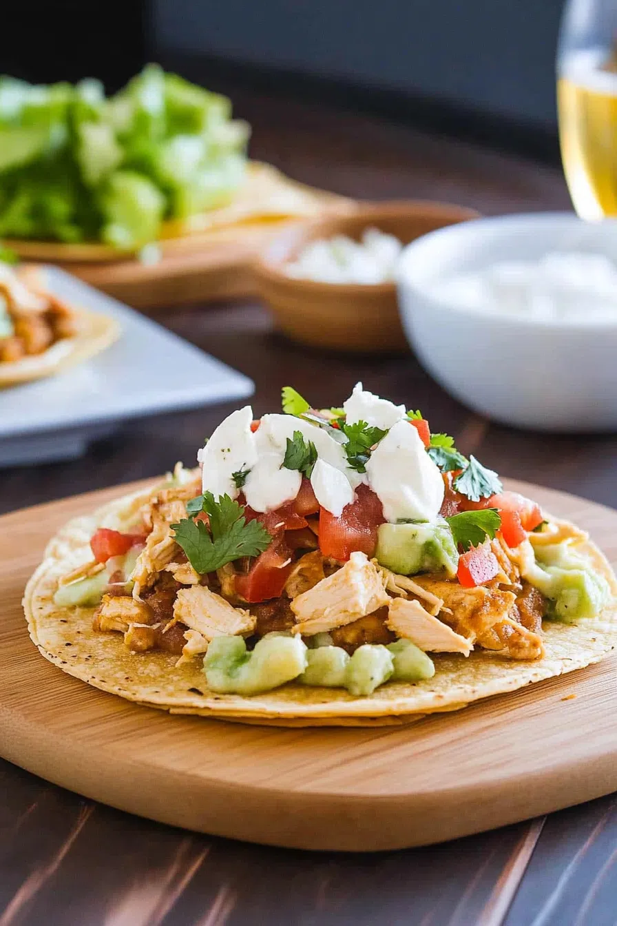 A serving platter with several toasted tortillas arranged with various toppings.