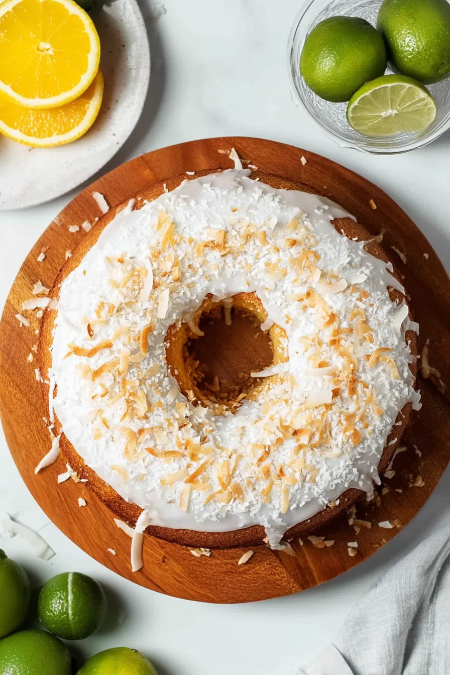 Overhead shot of a bundt-style cake with lime zest garnish.