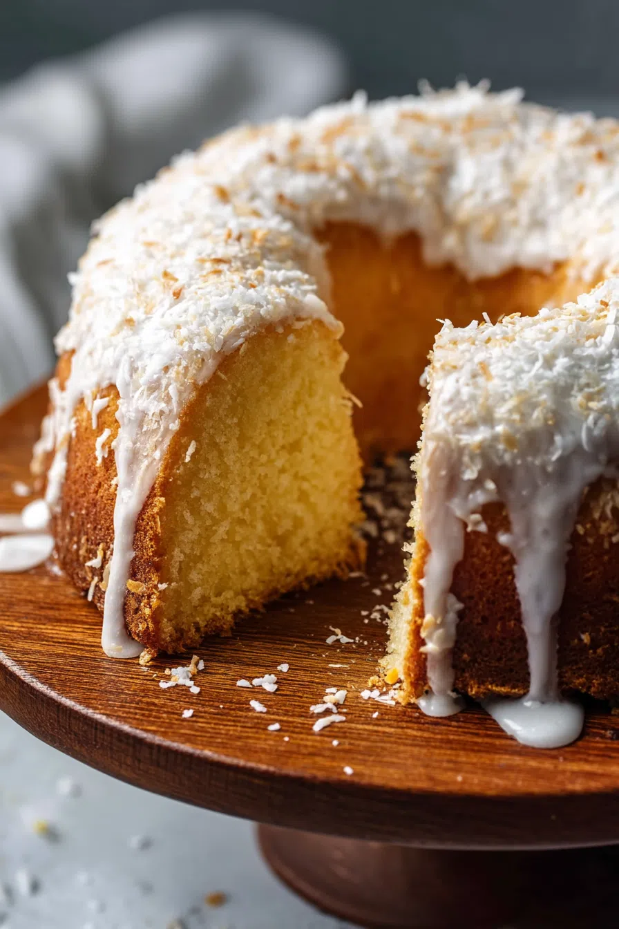 Close-up of a dense, tender crumb with a drizzle of icing.