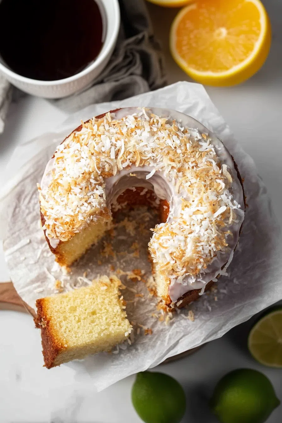 A single square of frosted cake placed on a rustic wood surface.