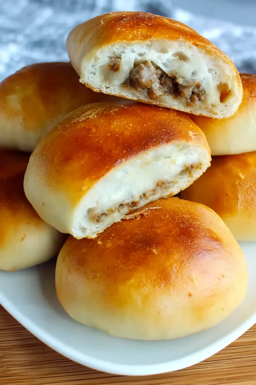 A sliced bread pocket showing the savory meat and cabbage filling.