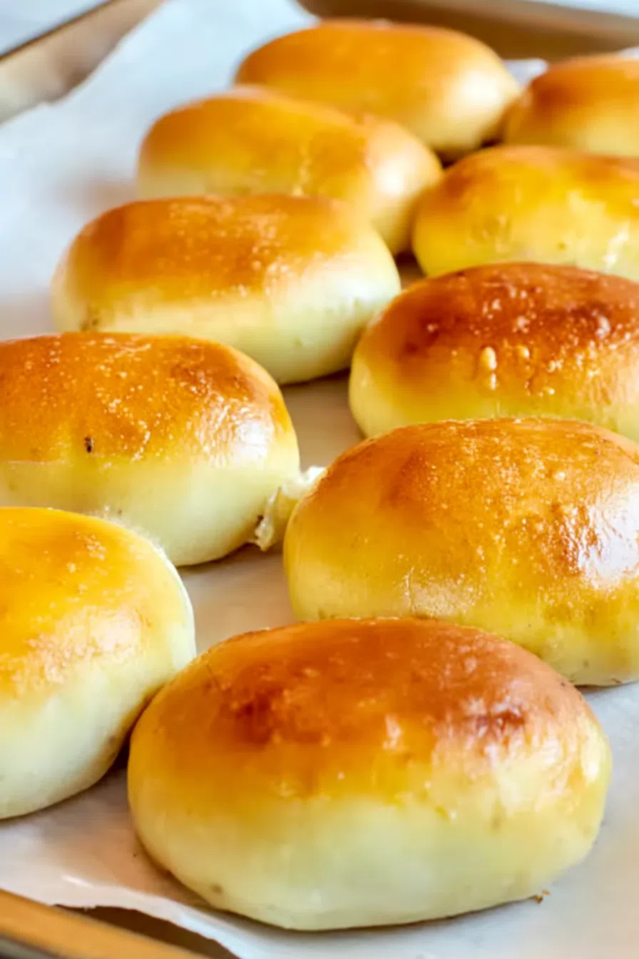 Flaky homemade bread pockets cooling on parchment paper after baking.