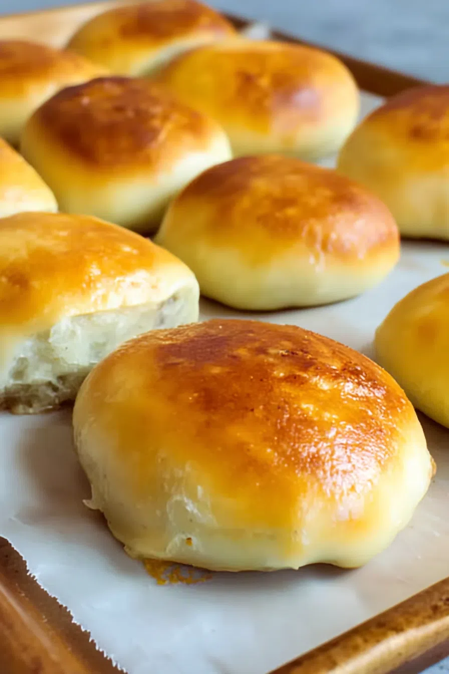 Close-up of soft rolls with steam rising from the freshly baked filling.