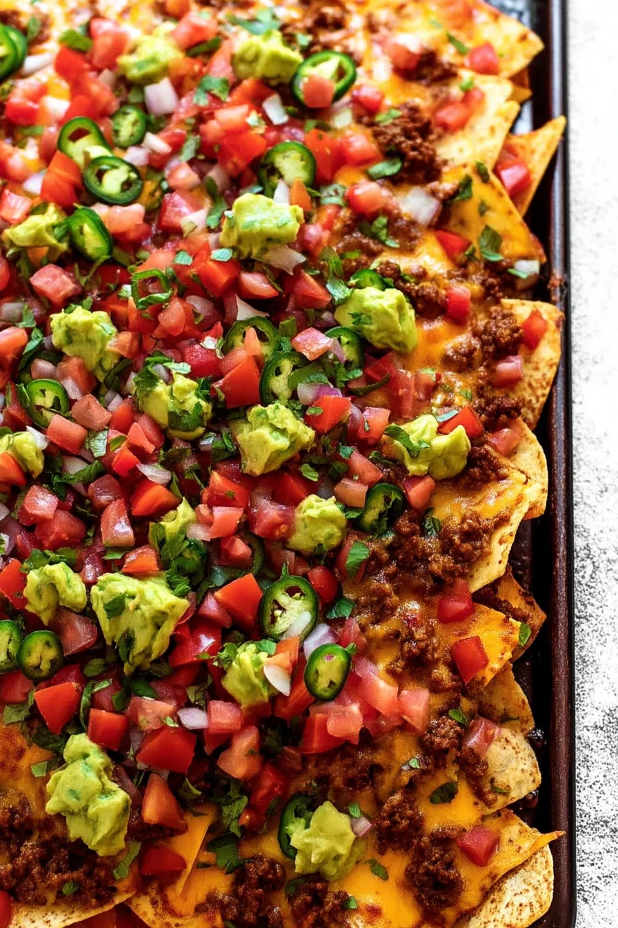 Baked tortilla chips topped with melted cheese and seasoned meat.