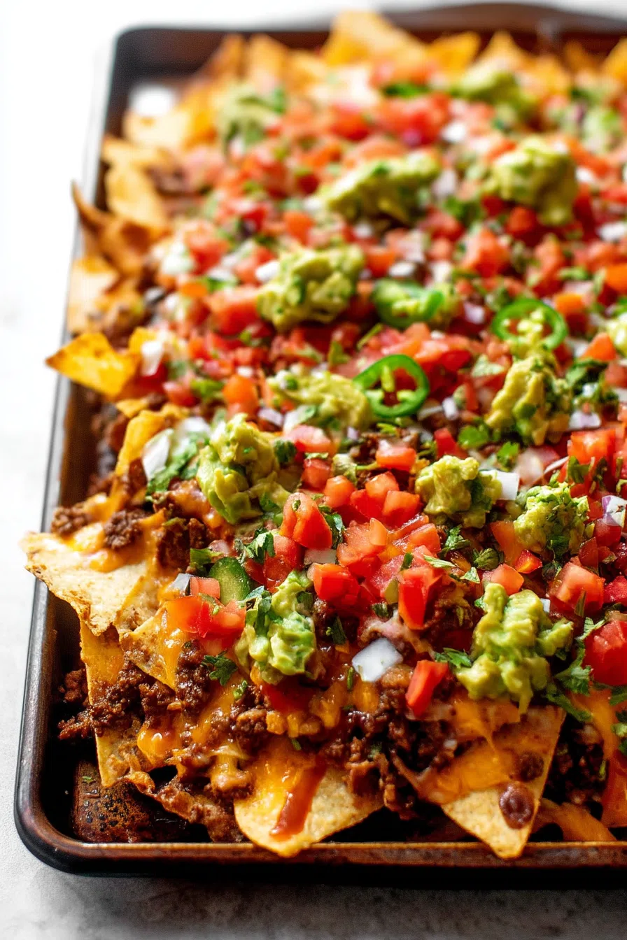 Piled-high snack served with dollops of sour cream and salsa.