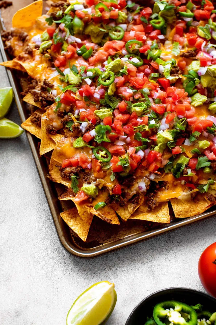 Hearty tray of loaded chips with vibrant toppings.